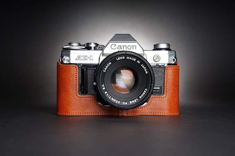 BolinUS A-1 Case, BolinUS Handmade Genuine Real Leather Half Camera Case Bag Cover for Canon AE-1 A-1 (NO Handle) Camera with Hand Strap (LavaBrown) - Image 3